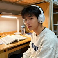 一位大学生模样的年轻男性用户头像，戴着耳机穿着休闲卫衣，背景为大学宿舍书桌
